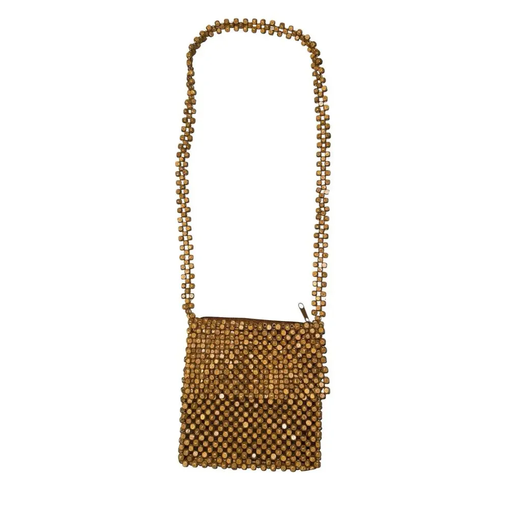 Wooden Beaded Crossbody Bag Purse Boho Hippie Granola Natural Textured‎ 7x7.5